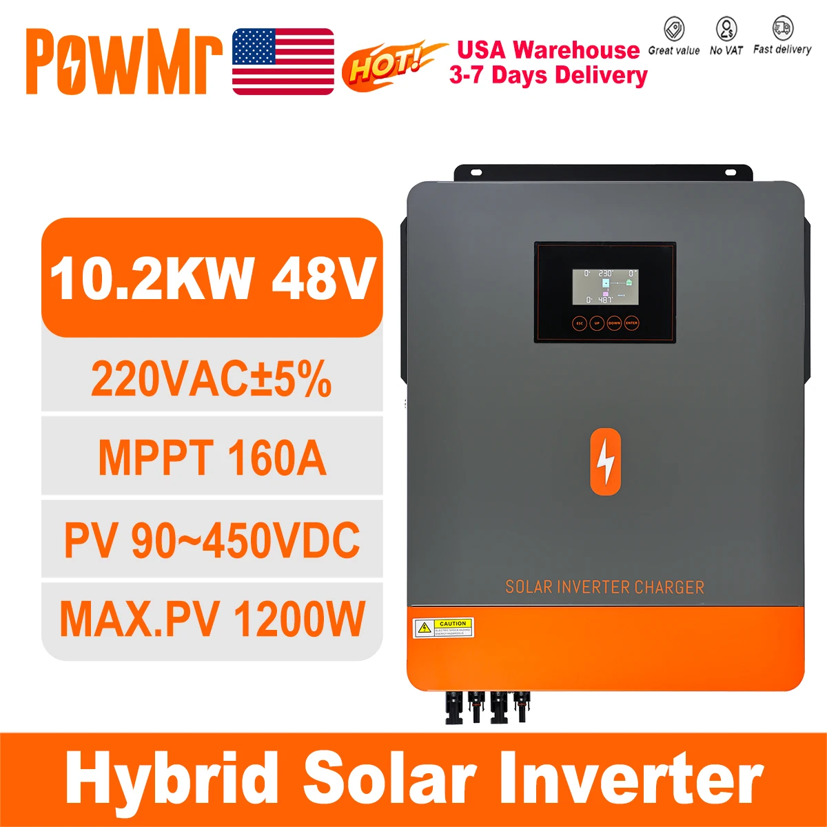 

PowMr USA 10.2KW 48V Hybrid Solar Inverter Pure Sine Wave MPPT 160A 230VAC Output Solar Panel 500VDC On Grid for Lifepo4 Battery
