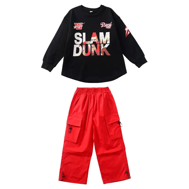 Disfraz de moda de Hip-hop para niños y niñas, Tops de manga larga, pantalones Cargo rojos, trajes de baile de Jazz, ropa de actuación, ropa de