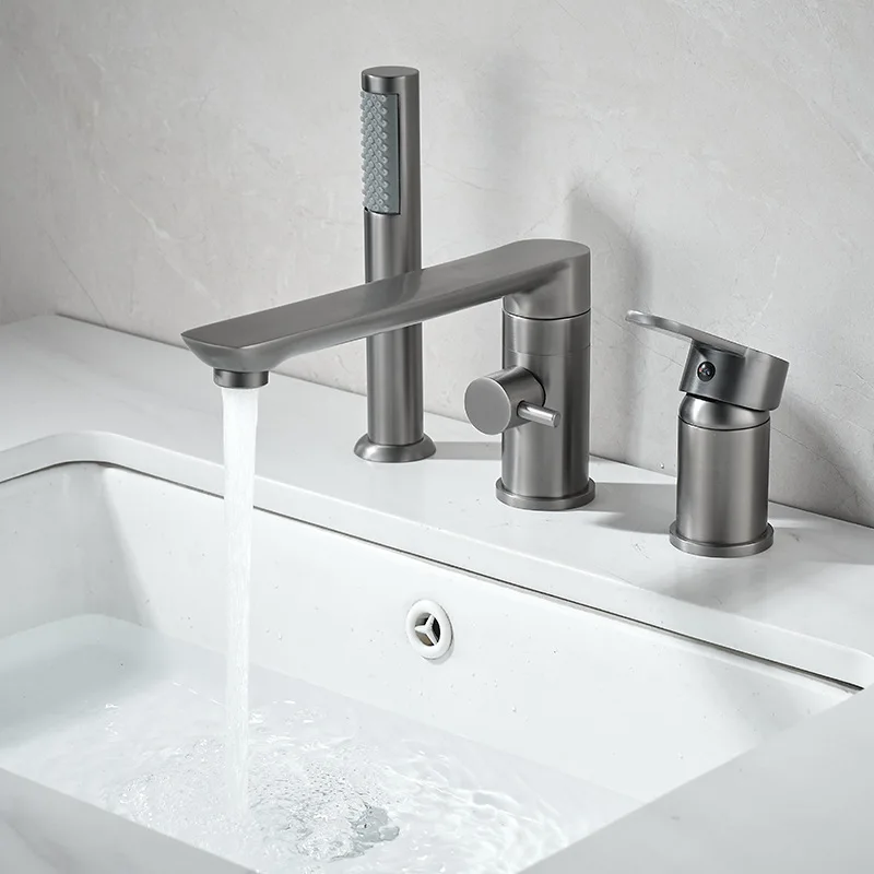 Bathtub Faucet Set Rotation Spout Bathroom Decked BasinFaucet Set Brass Black Chrome Grey Pull Out Basin Faucet
