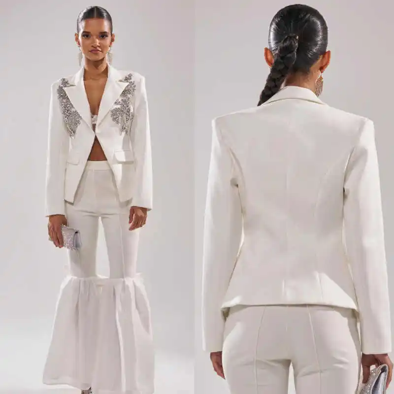 Unique Design Women Blazer Sets Crystal Customized Girls Prom Evening Guest Formal Wear 2 Pieces Graduation Ceremony