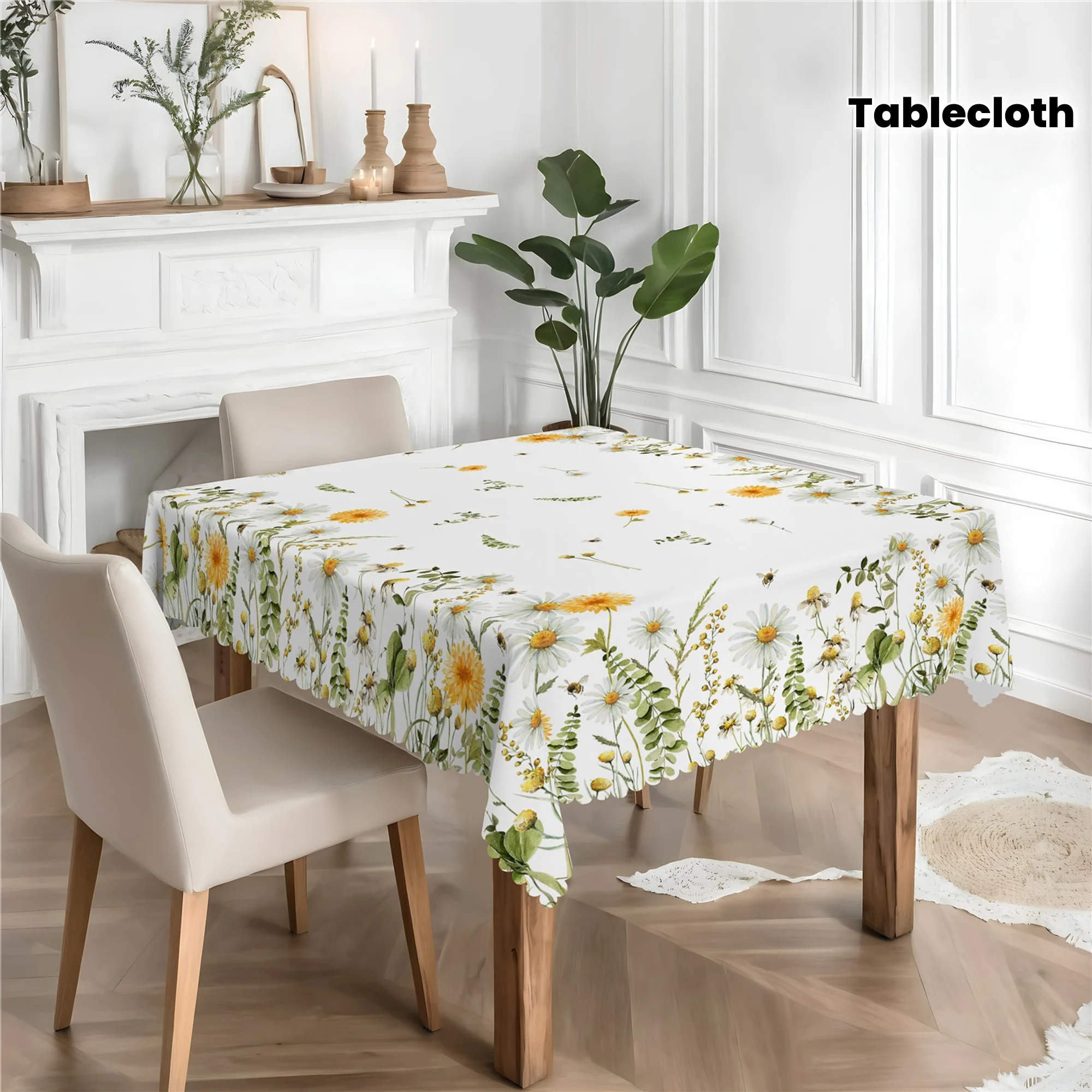 Spring Daisy Flowers Eucalyptus Leaf Tablecloth for Table Decor Summer Yellow White Floral Dining Table Cloth Wedding Decoration