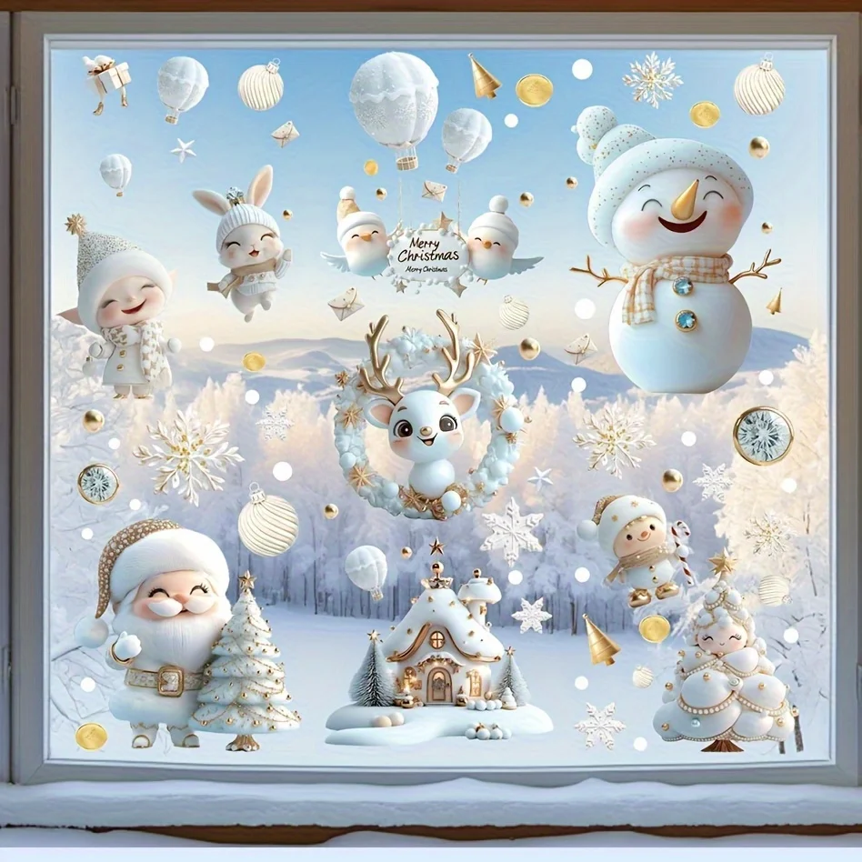 1 Set Reusable Christmas Window Stickers - White & Golden Snowflake, Santa Claus, Reindeer,and Tree Designs, Static Cling PVC