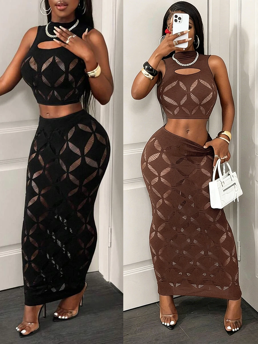 FHSEER Plus Size 2PCS Women's  Set See Through Mesh Hollow Out Crop Tank & High Waist Bodycon Mini Skirt Stretechy Clubwear