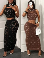 FHSEER Plus Size 2PCS Women's Sexy Set See Through Mesh Hollow Out Crop Tank & High Waist Bodycon Mini Skirt Stretechy Clubwear