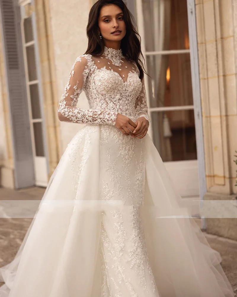 

Свадебные платья Flavinke с высоким воротом, длинными рукавами, силуэта «русалка», с аппликациями и съемным шлейфом, Vestidos De Novia