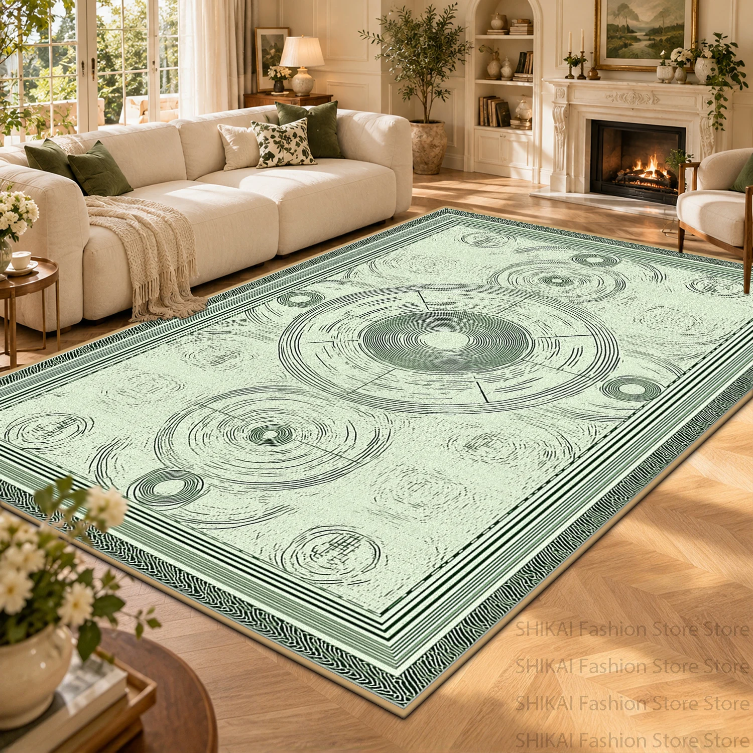 Modern Art Deco Room Office Fluffy Floor Mat Minimalist Green Geometric Figure Living Room Rug Non-slip Washable Lounge Carpet