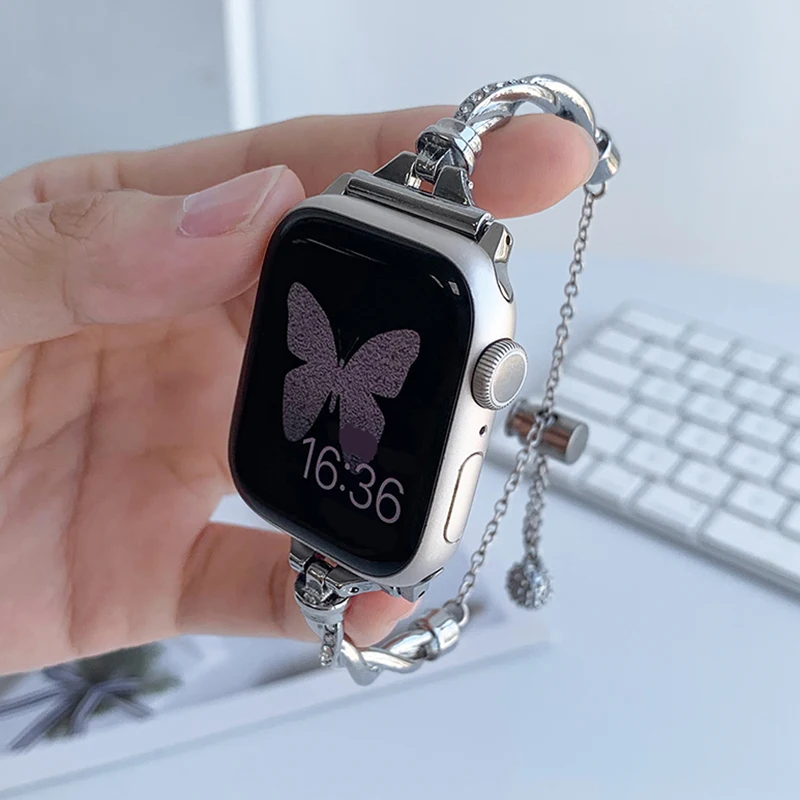 

Luxury Diamond Metal Strap For Apple Watch 49MM 45 44 38 40 41 42MM Women Twist Replacement Bracelet For iwatch 9 8 7 6 5 4 3 SE