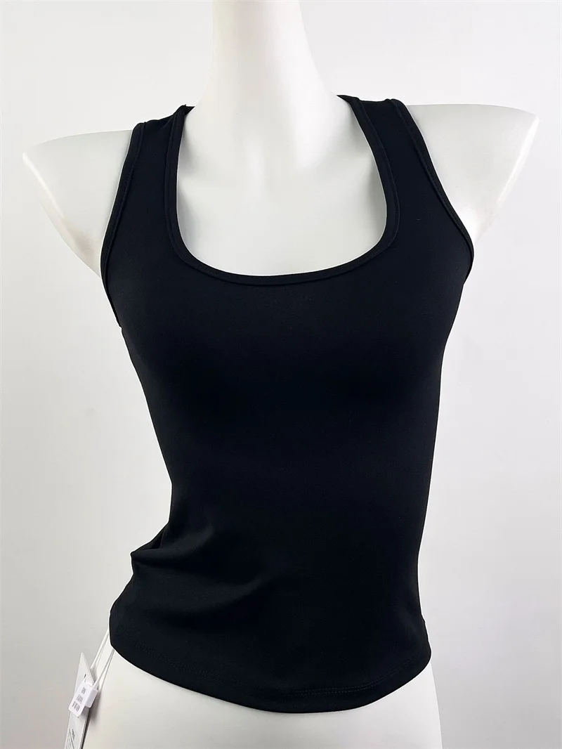 Camiseta sin mangas elástica ajustada para mujer, chaleco deportivo con tirantes para gimnasio y Fitness, Top corto sin mangas con cuello cuadrado, ropa deportiva de verano