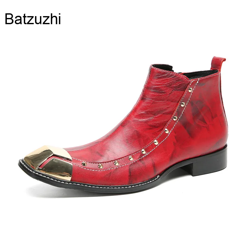 Batzuzhi Luxury Handmade Men's Boots Red Genuine Leather Boots Men Zip Party, Wedding and Business Botas Man! Big Sizes 38-46