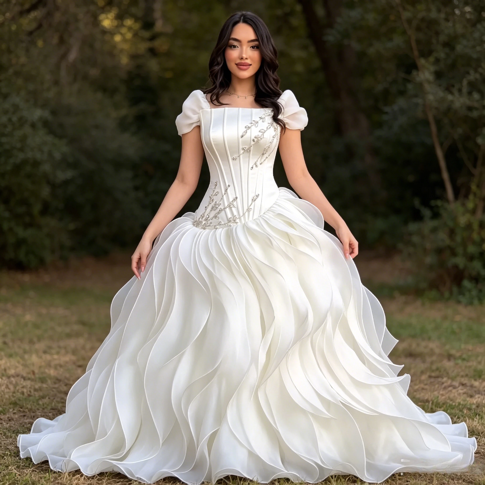 Customized Romantic Bridal Gown Featuring a Square Neckline, Structured Corset Bodice with Beaded Details