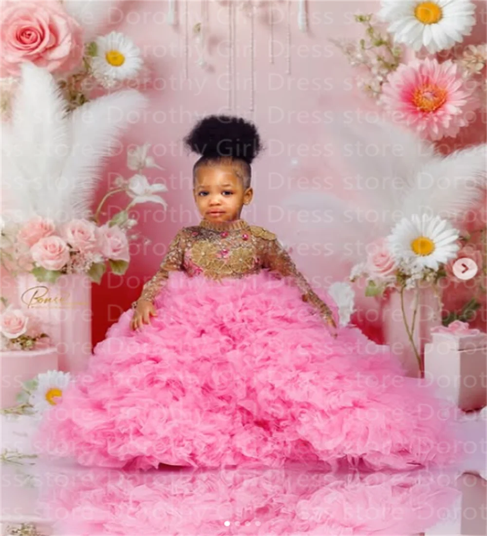 Light Pink Luxury Gold Sticker Fluffy Little Girl Birthday Dress Suitable For First Communion Ball Pageant Formal Event