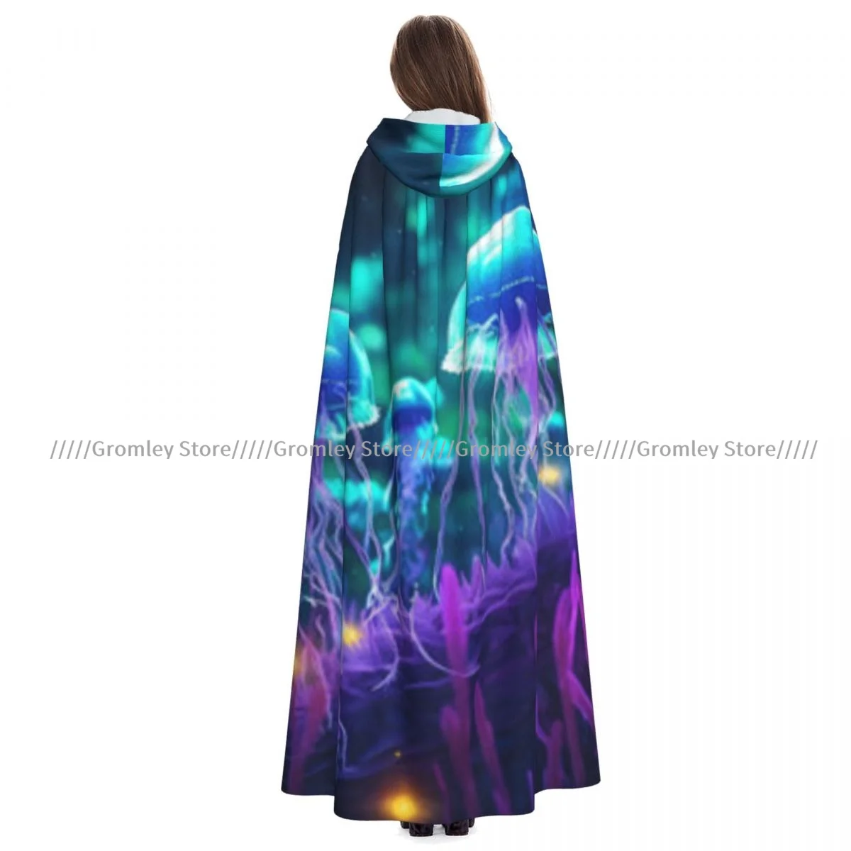 Unisex Halloween Cloak Jellyfish In The Sea Cyberpunk Style Cape Hooded Medieval Costume Witch Wicca Vampire