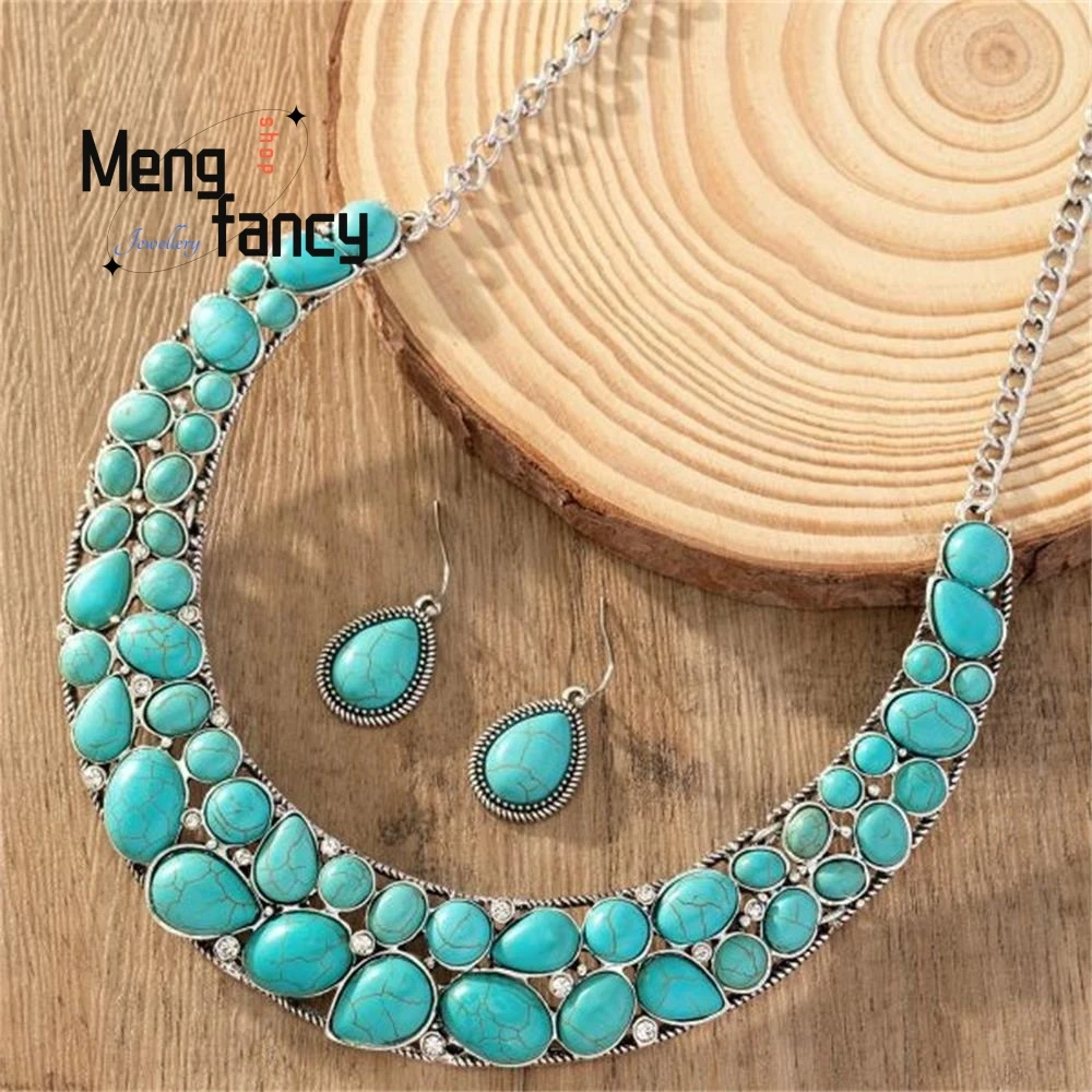 Natural Retro Western Fashion Card Neck Turquoise Necklace Earrings Simple Exquisite Fashion Jewelry Best Selling Holiday Gifts