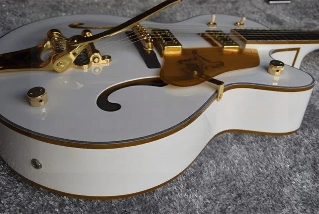White Dual F Holes Electric Guitar, Semi Hollow Body, Sparkle Gold Binding, Fingernail Inlay Fretboard, Imperial Grover Tuners