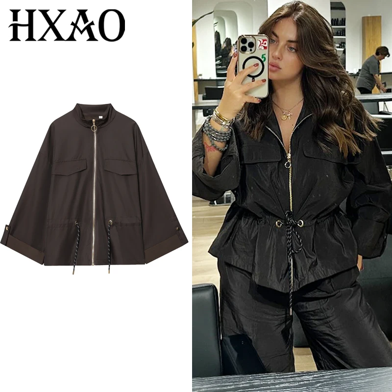 

HXAO Укороченная куртка в стиле сафари, женская куртка, осень 2024, элегантная верхняя одежда на молнии с высоким воротником, шикарное коричневое пальто с длинными рукавами и завязками