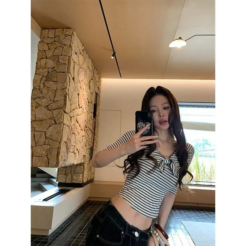 Sexy Striped Lace Trim T-Shirt Women's Commute V-Neck Five-Sleeve Patchwork Fashionable Polyester Fiber 100% Slim Fit Style