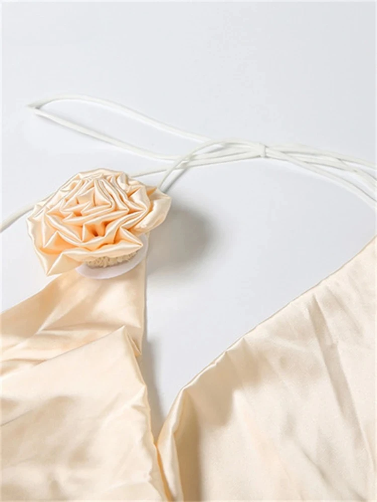 Sólido flor cetim maxi vestido feminino sexy verão sem mangas sem costas elegante festa de noite formal noite vestidos longos