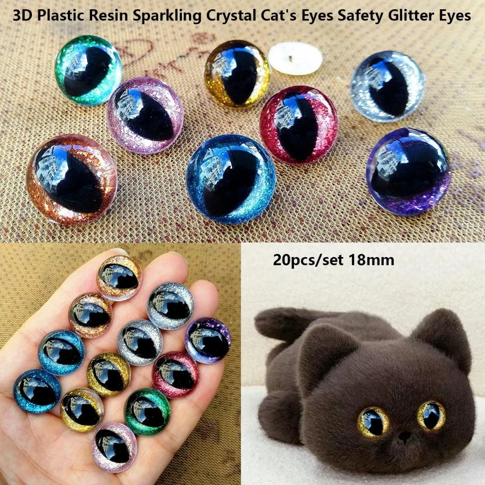 20pcs/set 18mm 3D Sparkling Crystal Cat's Eyes With Flash Pad Plastic Resin Safety Glitter Eyes Crafts 8 Colors Parts