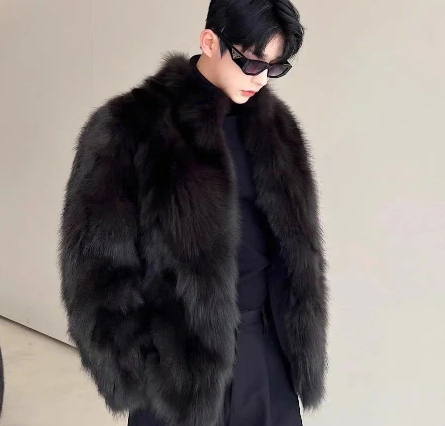 2024 Winter Men New Faux Fur Men\'s Coat Thickened Fox Sable Solid Black   One Piece   Wear Jackets A215