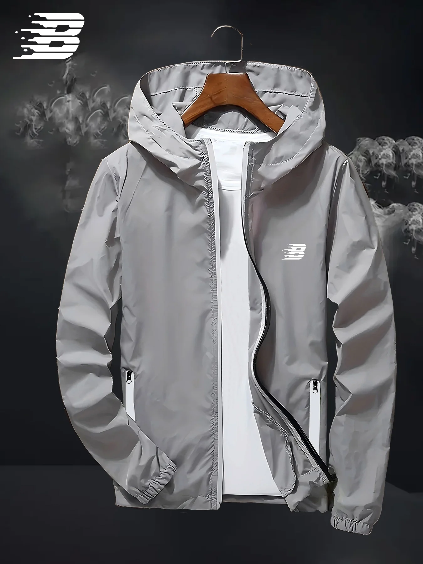 Mens B Logo Hooded Windbreaker Jacket Lightweight Waterproof Windproof Casual Outdoor Sports Hiking Cycling Long Sleeve Coat