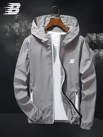 Mens B Logo Hooded Windbreaker Jacket Lightweight Waterproof Windproof Casual Outdoor Sports Hiking Cycling Long Sleeve Coat