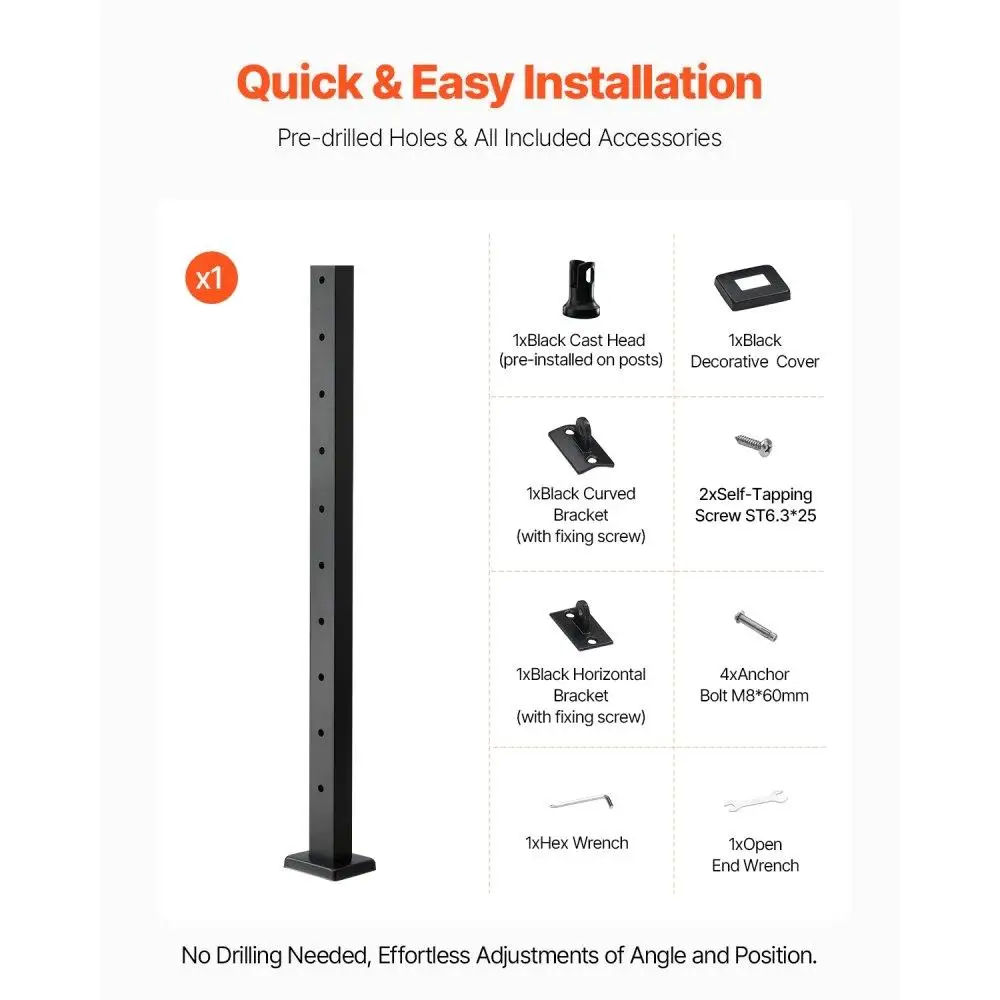 Stainless Steel Cable Railing Post 36x1x2 Inch Level Deck Stair Railing Kit Pre-Drilled Black Mounting Bracket Handrail Post