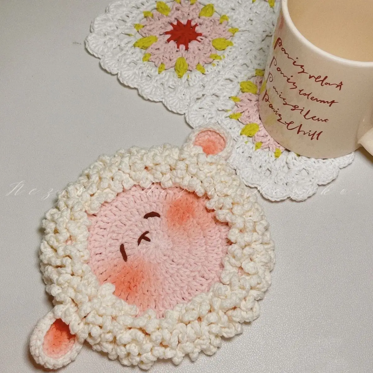 

Cute lamb coaster DIY material wrapped with wool, crochet, gift for best friend, homemade product to relieve stress, hand woven