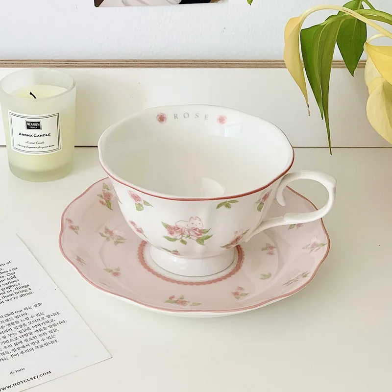 French Pink Rabbit Print Vintage Coffee Cup and Saucer Set Ceramic Cup Cute Girls\' Afternoon Tea Dim & Saucer