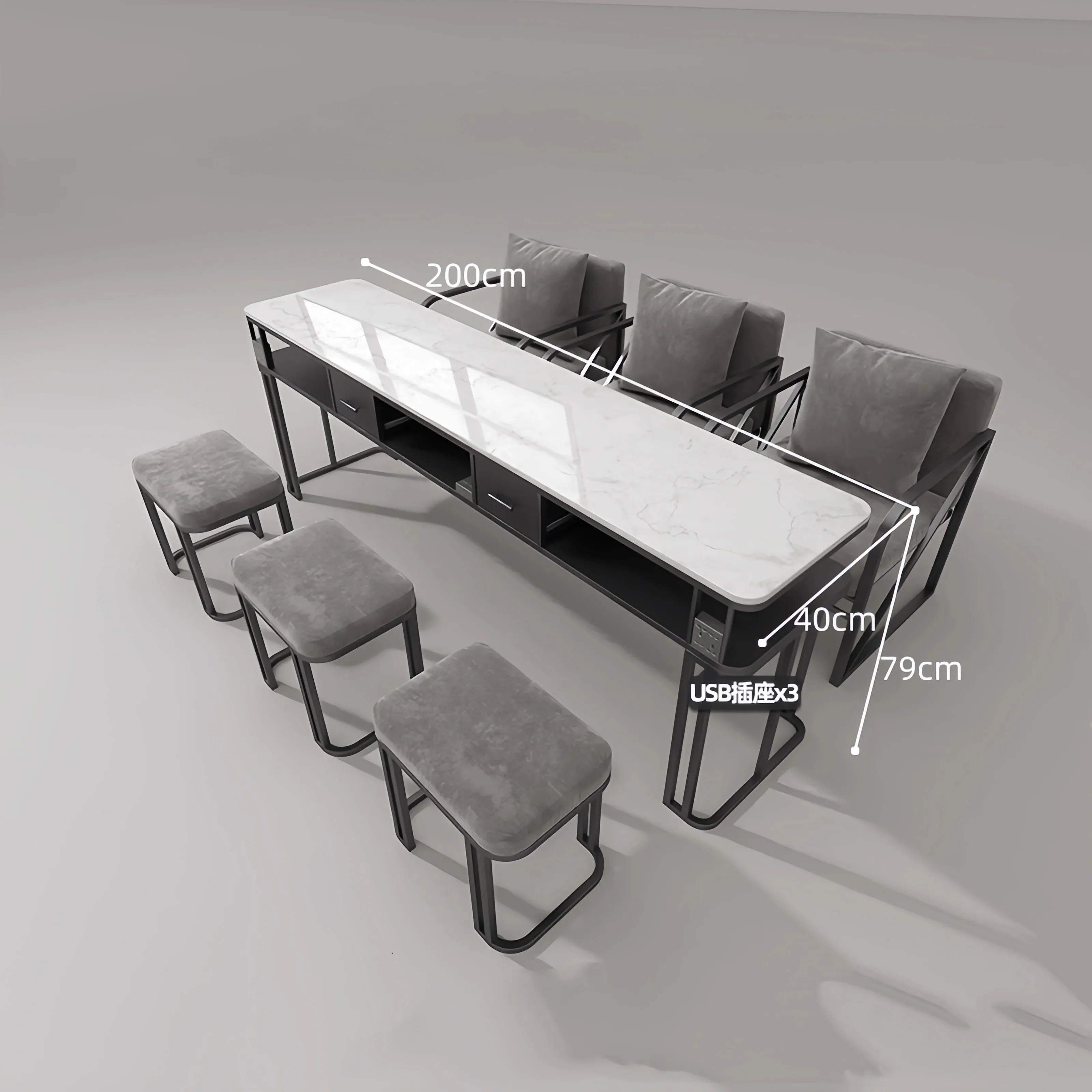Marble Black Nail Art Table Chair Set Fashion Simple Nail Shop Furniture with Single Double Three Combination Options