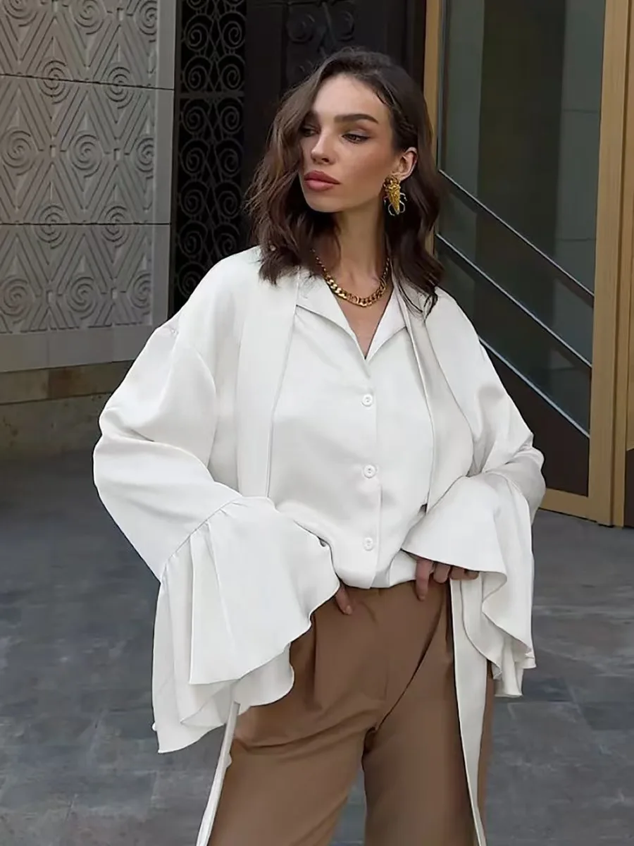 

Шелковый атлас Flared Sve irt с Sa Средней длины Pure Color Commute Sle Long Sve Button Closure irt Dra Collar