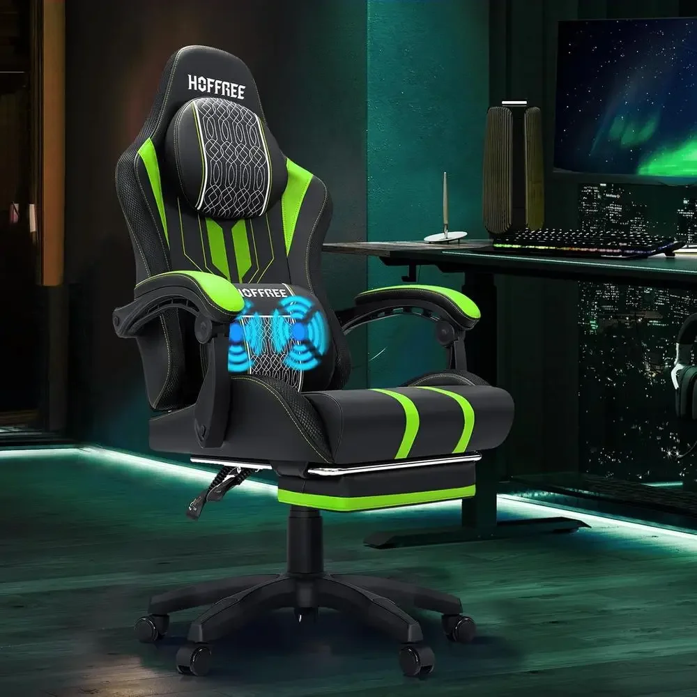 Silla ergonómica de masaje para videojuegos para personas grandes y altas, soporta hasta 400 libras, reclinable, verde y negra