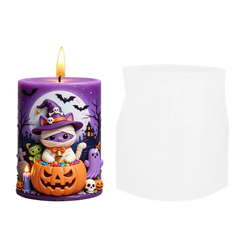 Bandage Cat Wizard Pumpkin Halloween Little Monster Relief Shape Candle Aromatherapy Silicone Mold Halloween Atmosphere Aromatherapy Candle Decoration DIY Silicone Mold