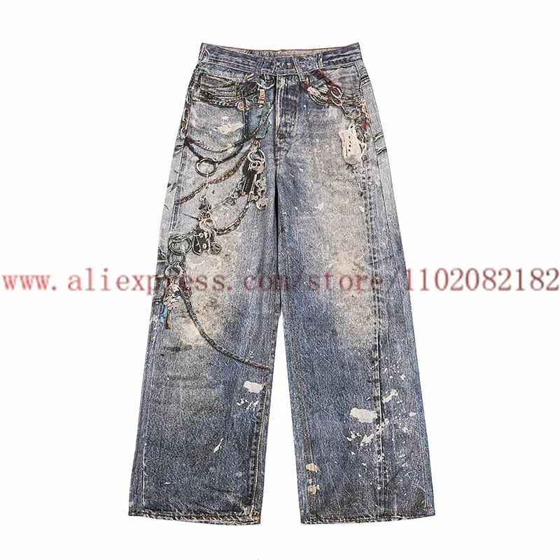 Inkjet Keychain Digital Printed Jeans 2024 Autumn/Winter New Product Men Women Fashion Pants Cowboy Pants