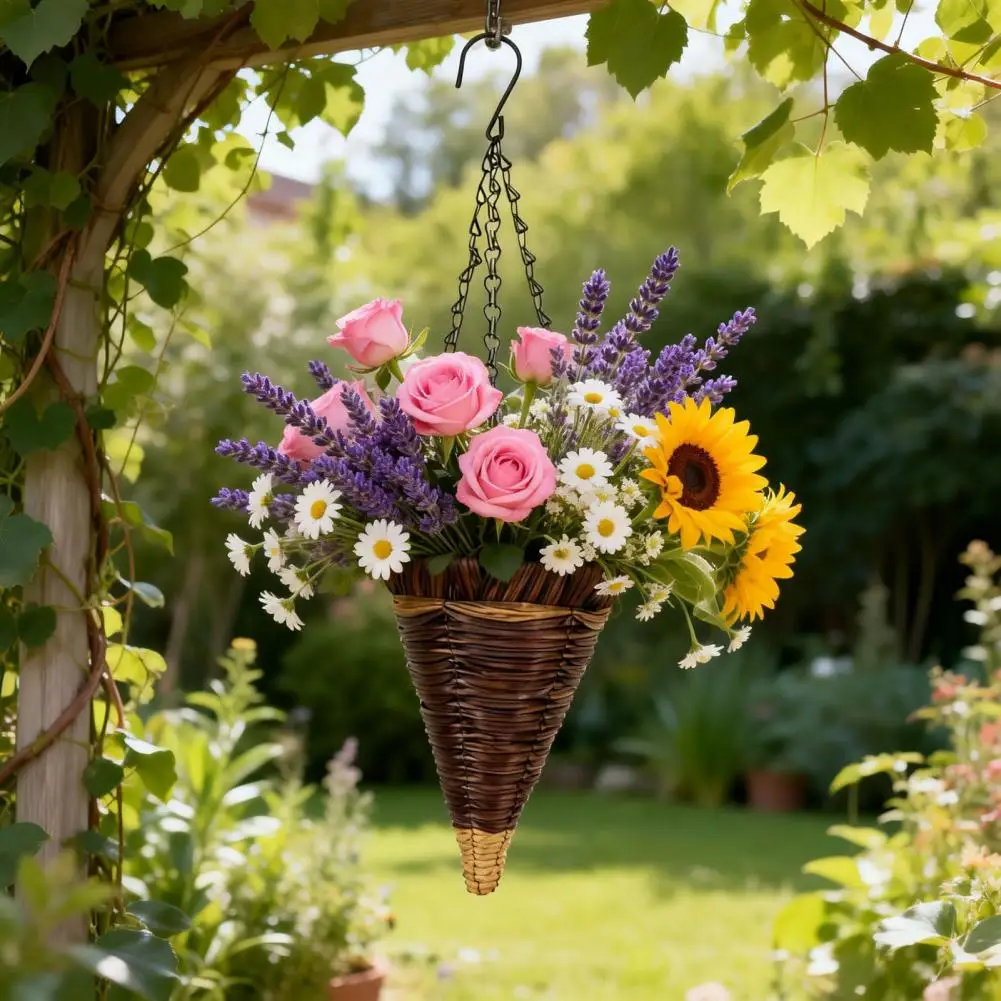 Conical Plant Hanger Rustic Cone Hanging Flower Basket with Metal Chains Artificial Rattan Woven Planter for Indoor Outdoor