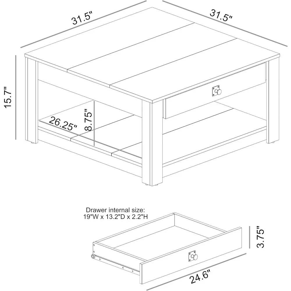 Moderne Rechthoekige Salontafel Met Opberglade 2 Tier Middentafel Voor Woonkamer Kantoor, 31.5 "D X 31.5" Wx 16.34 "H