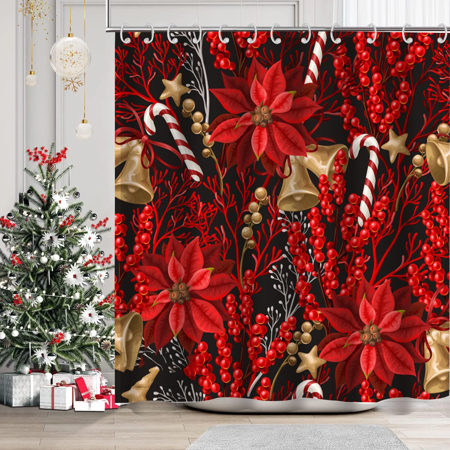 

Рождественские украшения с цветочным узором, занавеска для душа в ванной комнате с 12 крючками, декор для ванной комнаты и аксессуары