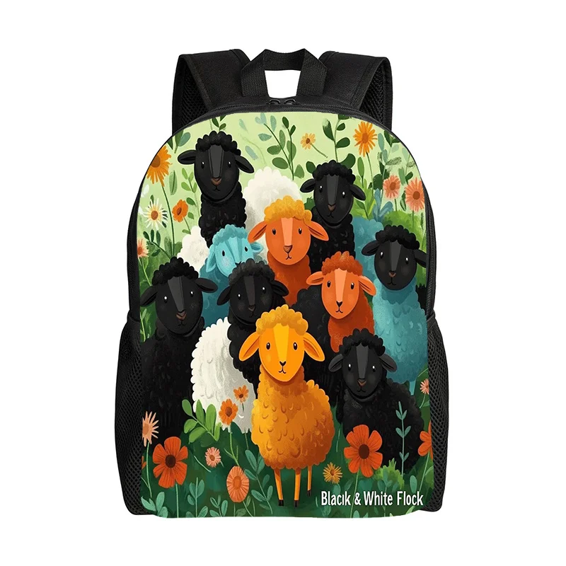 

1 2D flat print backpack, cartoon sheep backpack, colorful sheep, adjustable shoulder straps, zip closure, perfect for sports