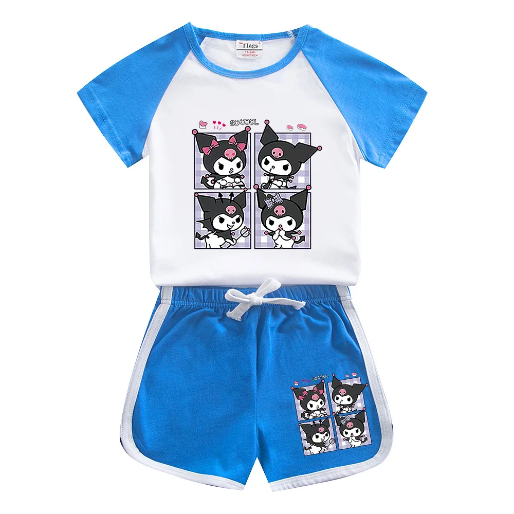 Traje Kawaii Sanrios Kuromi para niños y niñas, camiseta de dibujos animados de algodón, pantalones cortos de manga corta, conjunto de dos piezas, Tops de moda, regalo