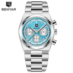 Benyar 40MM Multi-function Quartz watch Mineral Strengthened Glass Stainless steel waterproof strap Timing clock watch for men