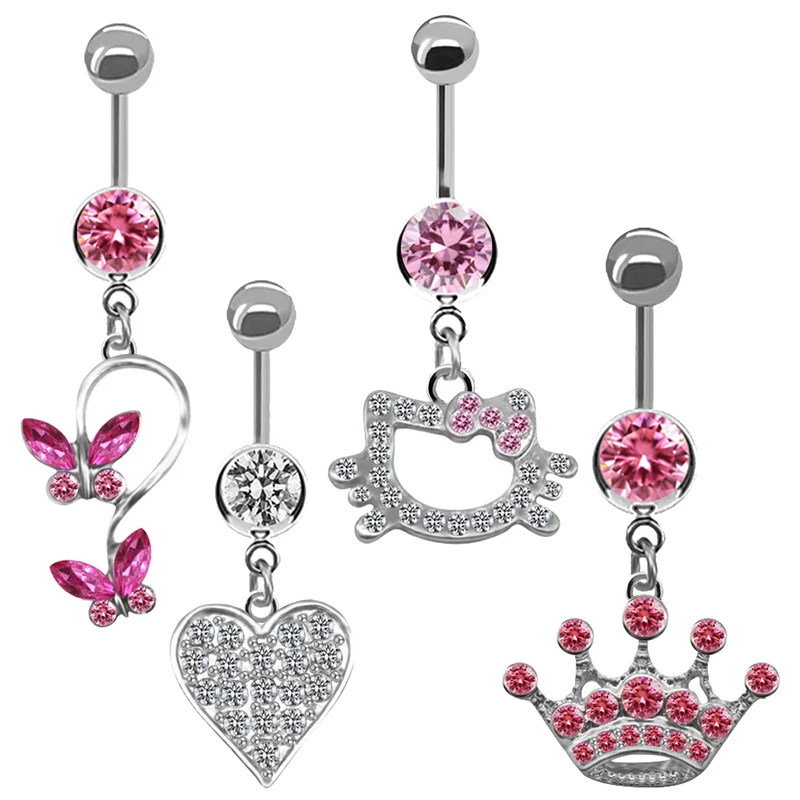 Anel de umbigo de aço inoxidável para mulheres, anéis de umbigo, joia piercing, borboleta rosa na moda, gato bonito, moda sexy