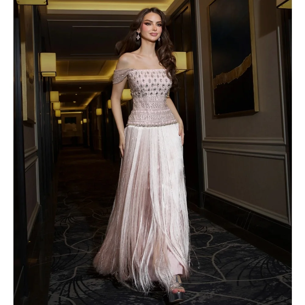 Glamorous Pink Prom Dresses Off Shoulder Stunning Lace Evening Gowns VintagTassels Crystals Customized Wedding Guest Gowns