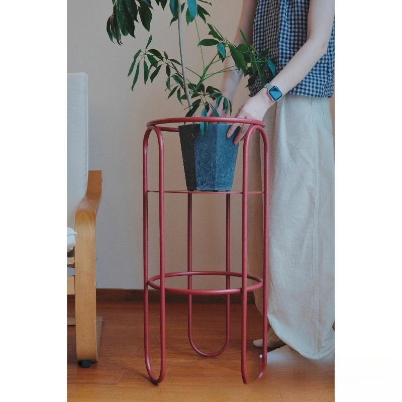 

Retro red flower stand indoor very simple movable design balcony flower pot living room modern iron art