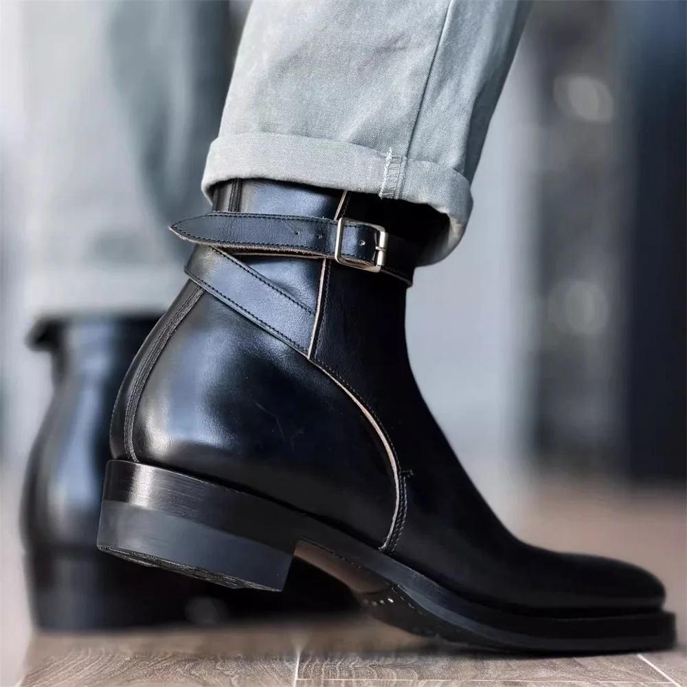 

Black Glossy Retro Workwear Boots Male Round Toe Belt Buckle Leather Side Zipper Handmade Solid Color Winter New High Top Boot