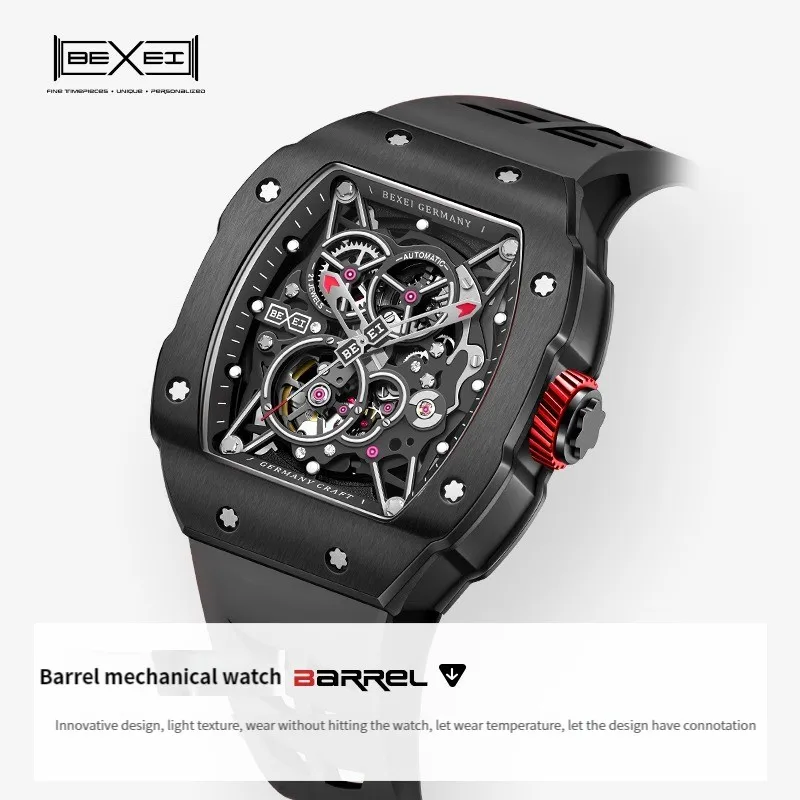 BEXEI 2025 Механические часы для мужчин 316L Автоматические скелетонные синтетические сапфировые водонепроницаемые роскошные деловые наручные часы