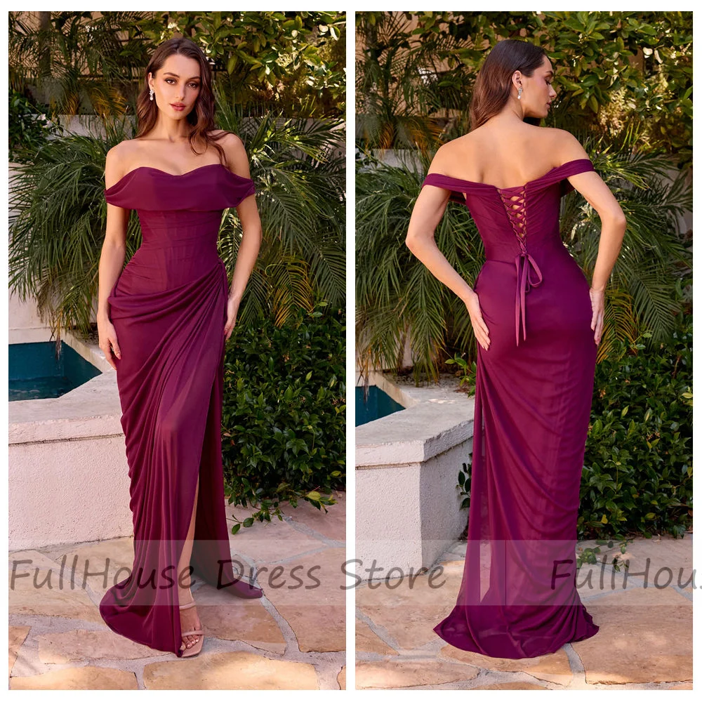 맞춤 제작 클래식 오프숄더 플리츠 티어드 쉬스 섹시 이브닝 가운 사이드 슬릿 레이스업 백 브라이덜 프롬 드레스 (코트 포함)