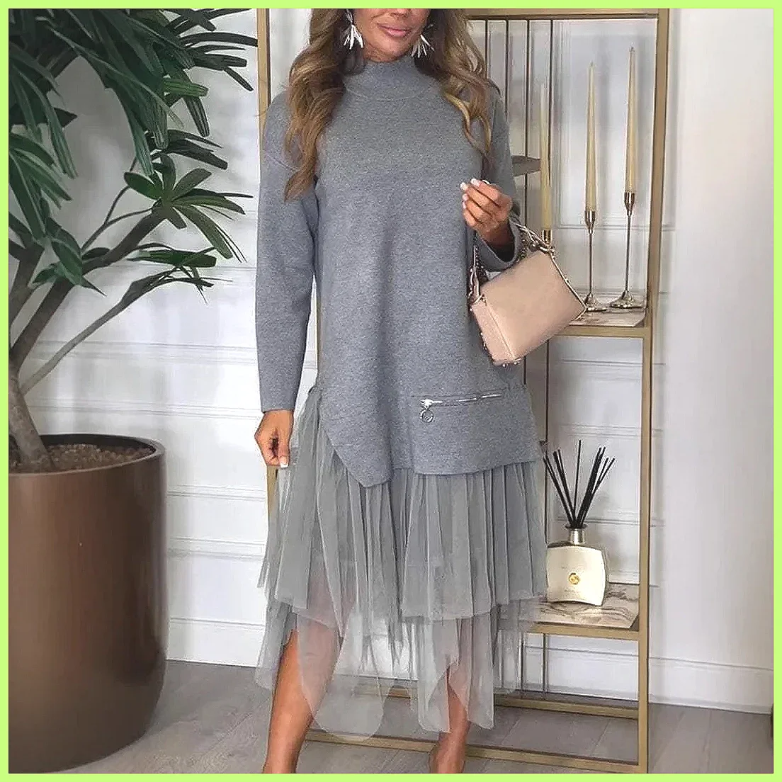Abito in Felpa con Inserti in Pizzo per Donna, Manica Lunga, Elegante Vestito da Festa per Autunno e Inverno