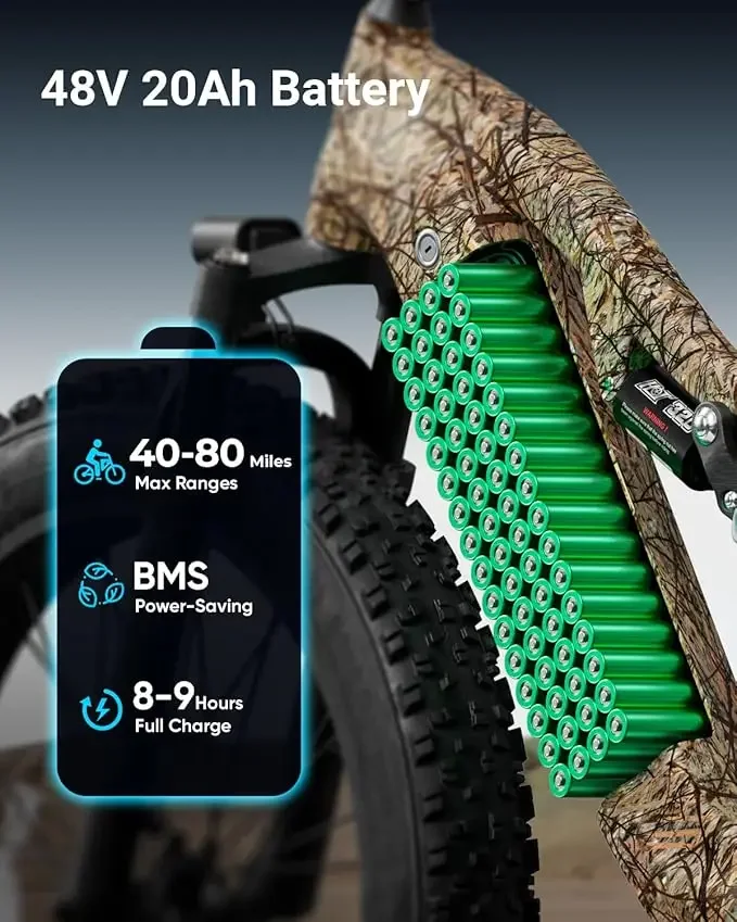 دراجة كهربائية للبالغين 1350 وات، دراجة جبلية كهربائية ببطارية 48 فولت 20 أمبير في الساعة، دراجة جبلية كهربائية بإطارات سميكة مقاس 26 بوصة، نطاق 80 ميلًا