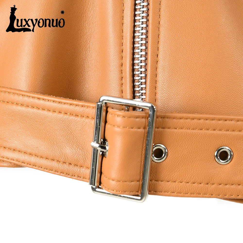 Luxyonuo Women's Real Leather Jacket 2023 Spring New Genuine Leather Moto Biker Zipper Jacket Ladies Sheepskin Coat With Belt