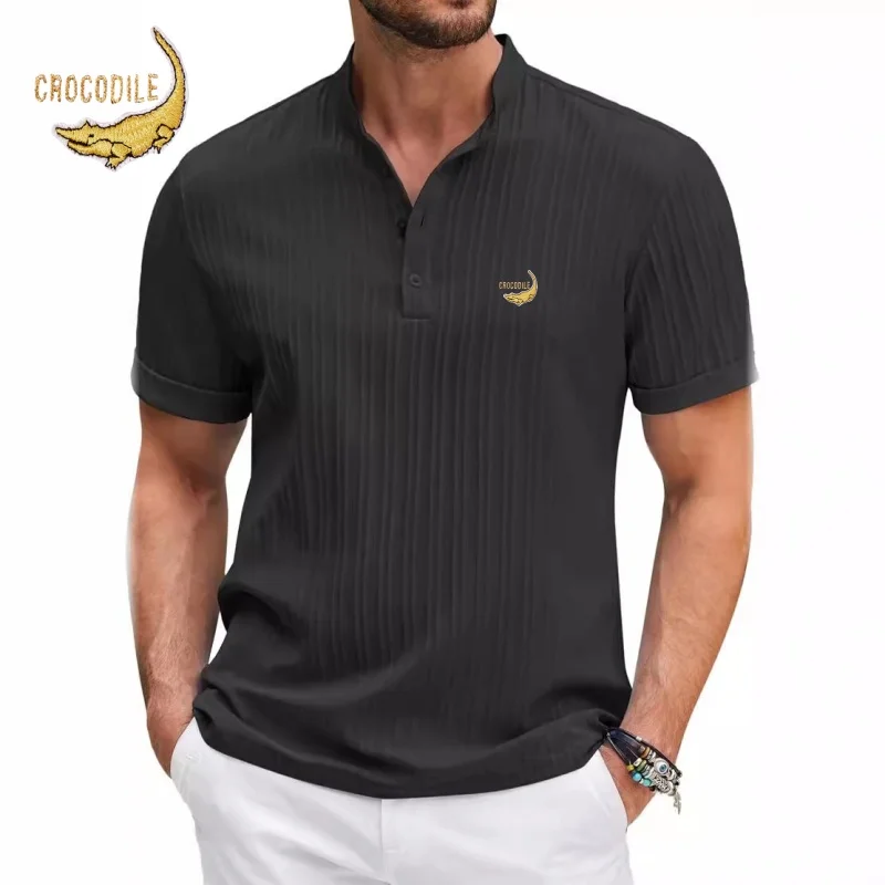 New High-end Embroidered Cotton and Linen Striped Henry Shirt for Men\'s Summer Casual Fashion Comfortable Breathable T-shirt Top