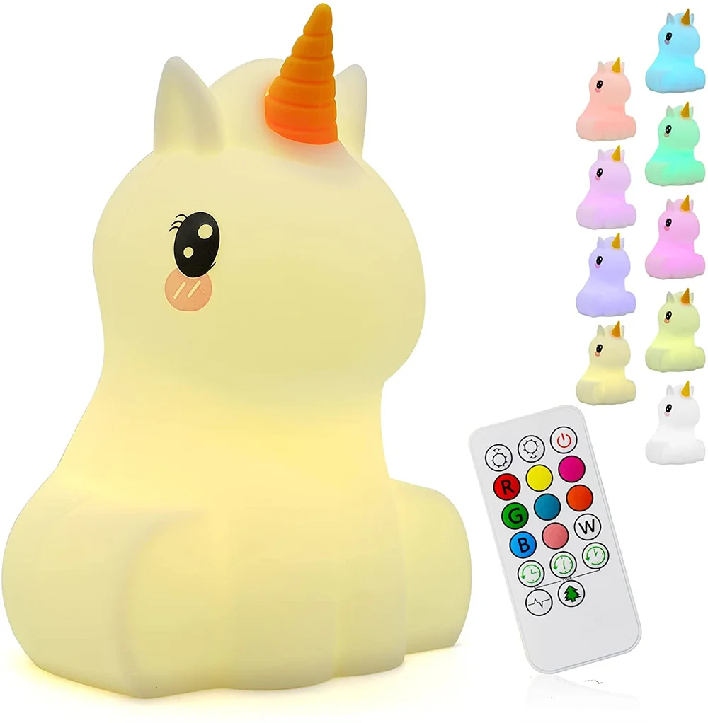 Cute Silicone Unicorn Led Night Light USB Rechargeable Bedroom Bedside Lamp with Remote for Children Baby Kids Gift